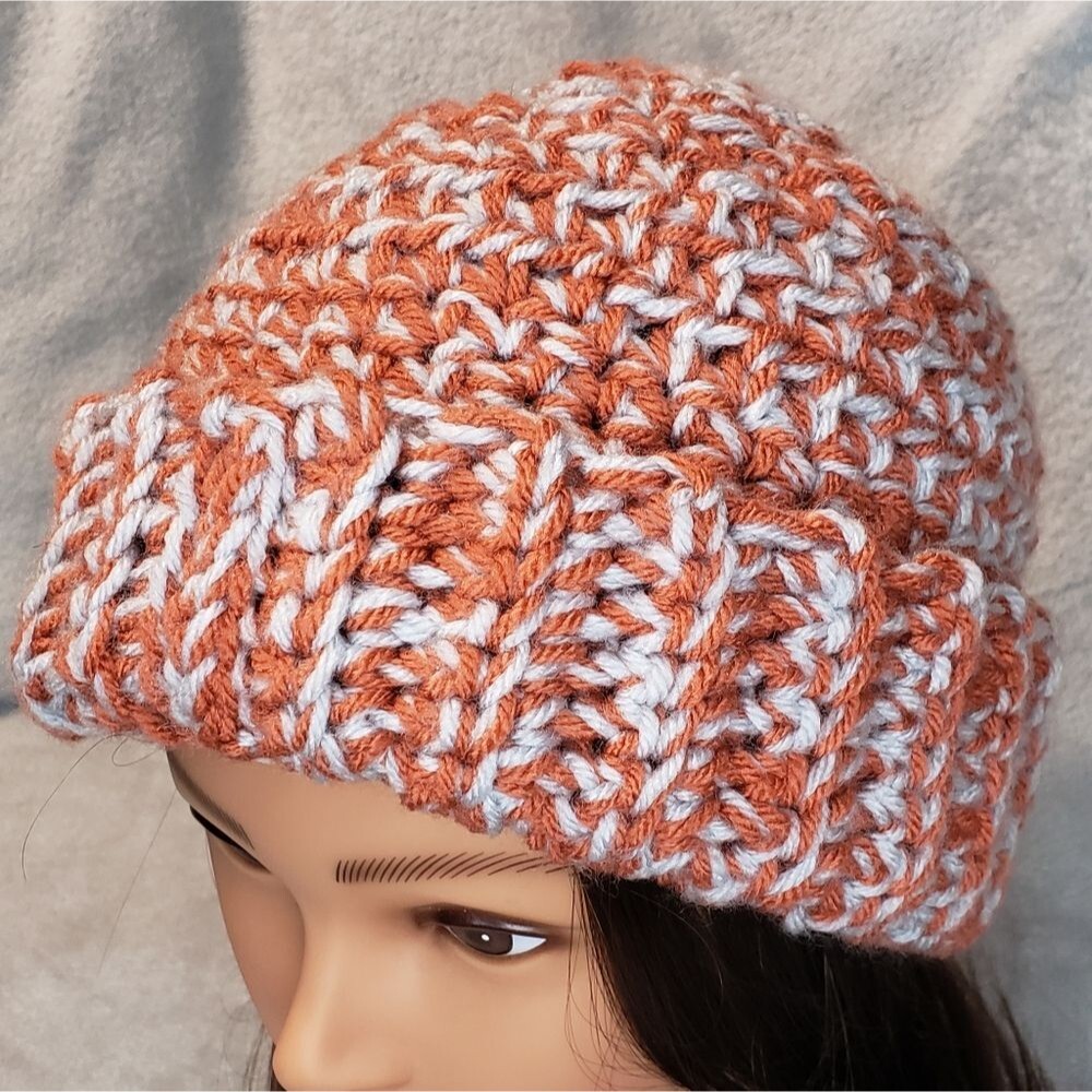 Crochet Beanie Hat, Ribbed, Chunky, New, Handmade, Unisex, orange and grey